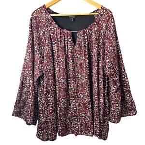 Roz & Ali Tunic Top Women’s 2X Floral Red Embellished Bell Sleeves Bohemian